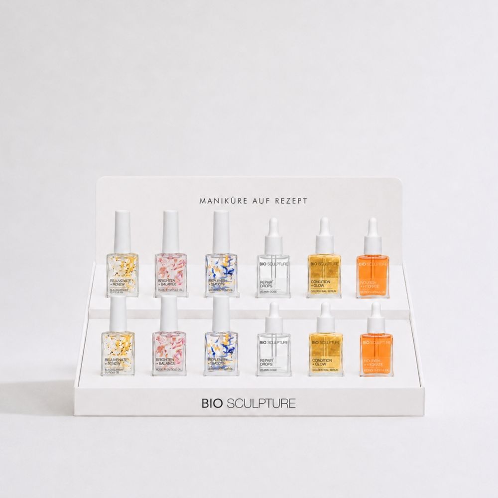 Bio Sculpture Natural Nail Treatments 12er Verkaufsdisplay mit zwölf Pflegeprodukten.