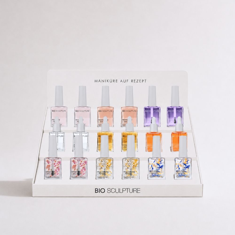 Bio Sculpture Natural Nail Treatments 18er Verkaufsdisplay mit 18 Pflegeprodukten.