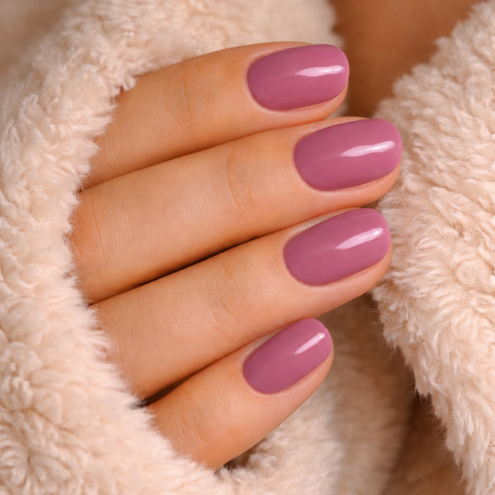 Bio Sculpture Colour Gel Simi auf kurzen Nägeln – staubige Pastell-Maulbeere.