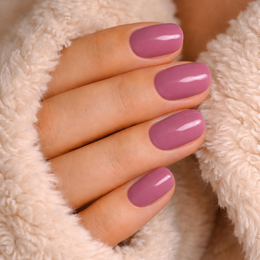 Bio Sculpture Colour Gel Simi auf kurzen Nägeln – staubige Pastell-Maulbeere.