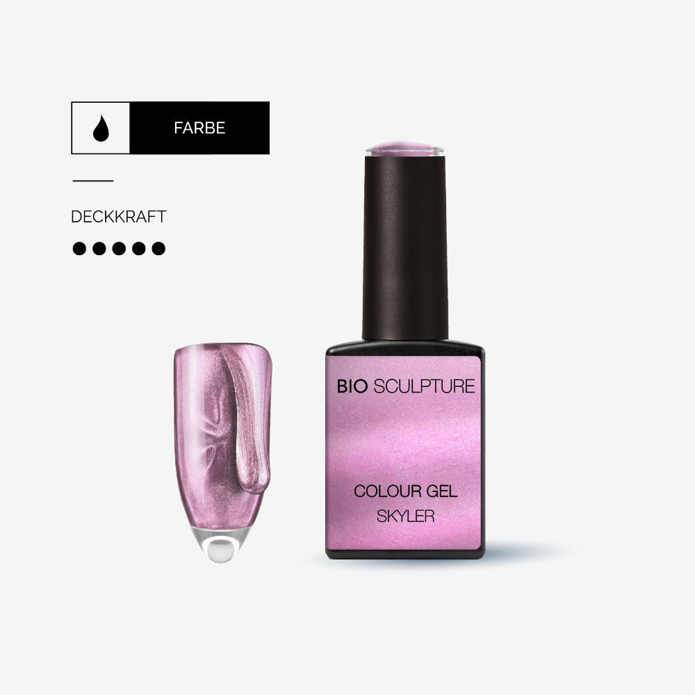 Bio Sculpture Colour Gel Skyler – magnetisches Flieder-Rosé mit Cat-Eye-Effekt.