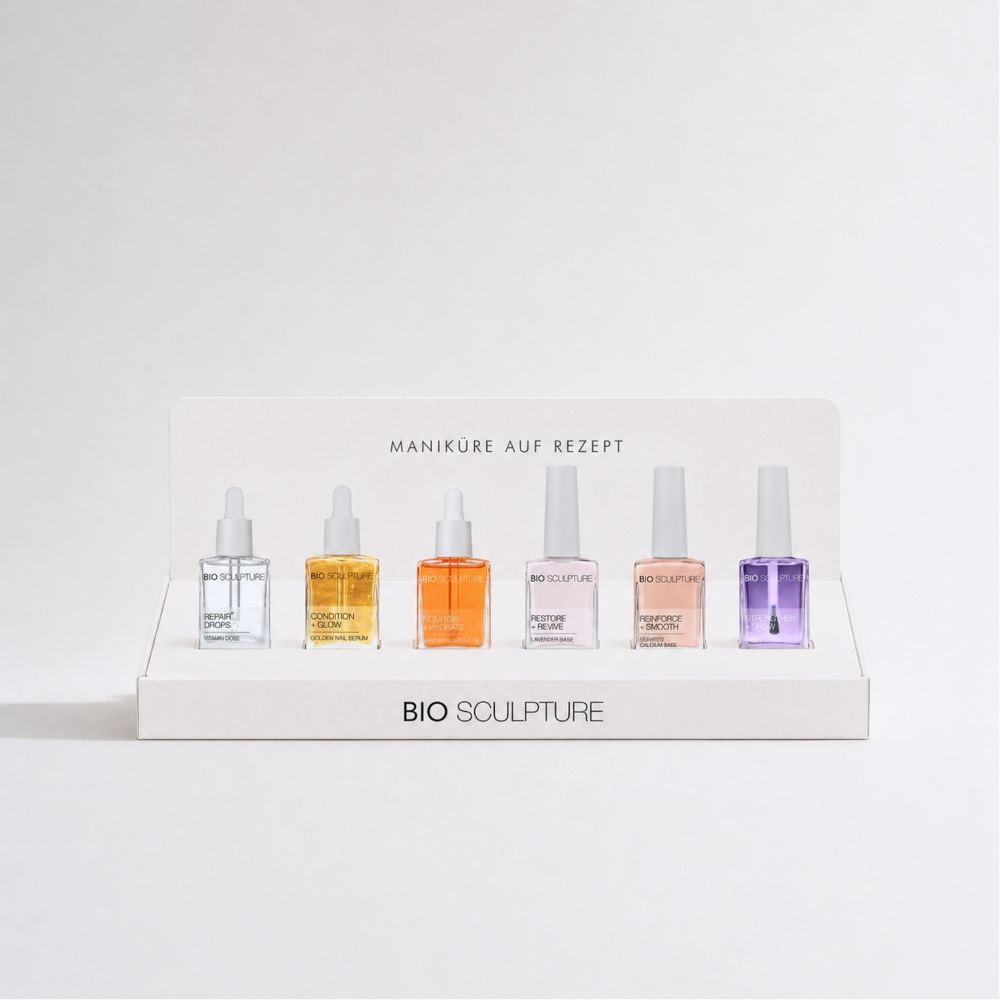 Bio Sculpture Natural Nail Treatments 6er Verkaufsdisplay mit sechs Pflegeprodukten.