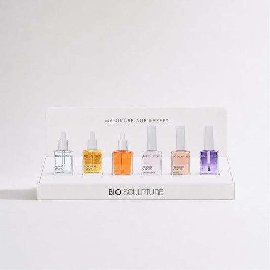 Bio Sculpture Natural Nail Treatments 6er Verkaufsdisplay mit sechs Pflegeprodukten.